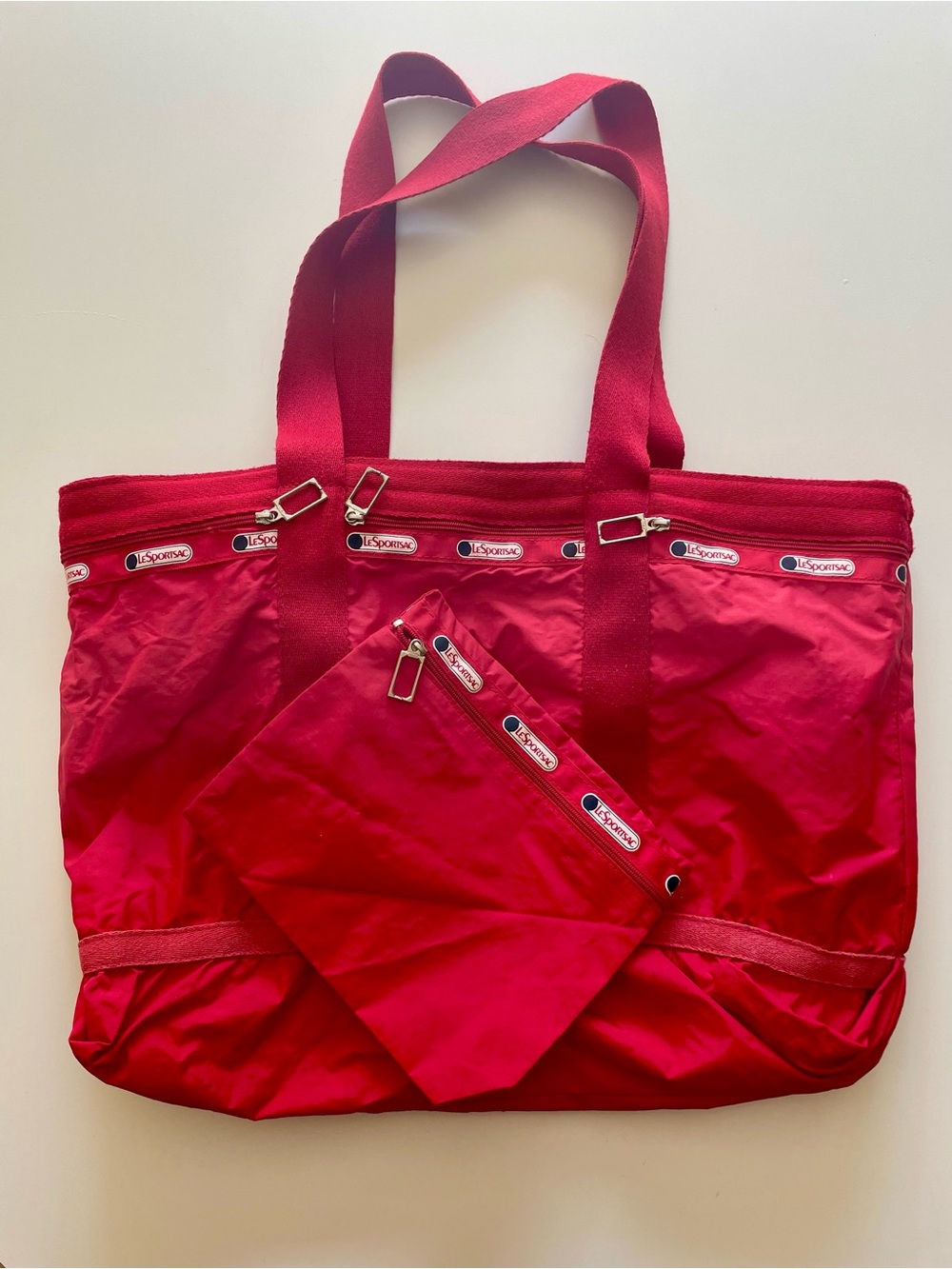 Vintage LeSportsac Red Nylon Travel Tote Bag with Matching Pouch + Lock & Key